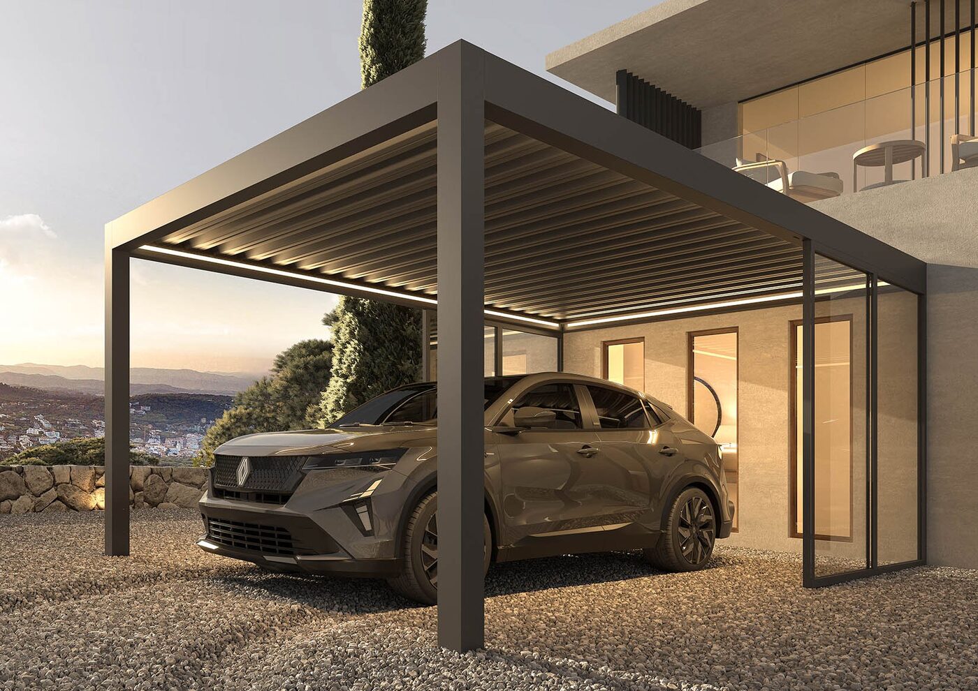 Pinela Delight Carport am Abend mit beleuchtetem Dach