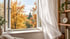 Weit geöffnetes Fenster mit Blick auf Herbstbäume zum Stoßlüften