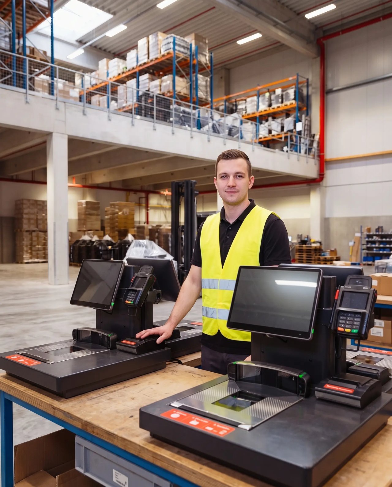 Produktionsmitarbeiter an der Werkbank mit Kassensystemen in Schönefeld