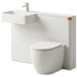Modernes weißes Kombi-WC mit integriertem Waschbecken und Armatur vor schwarzem Hintergrund.