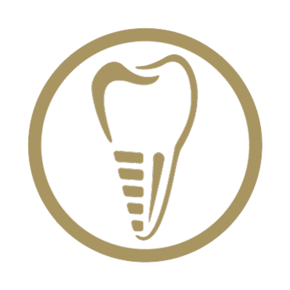 Goldfarbenes Zahnimplantat-Symbol in einem Kreis auf dunkelgrünem Hintergrund.