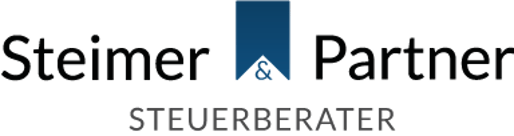 Steimer & Partner Steuerberater Logo mit blauem Quadrat und stilisiertem "&" Symbol.