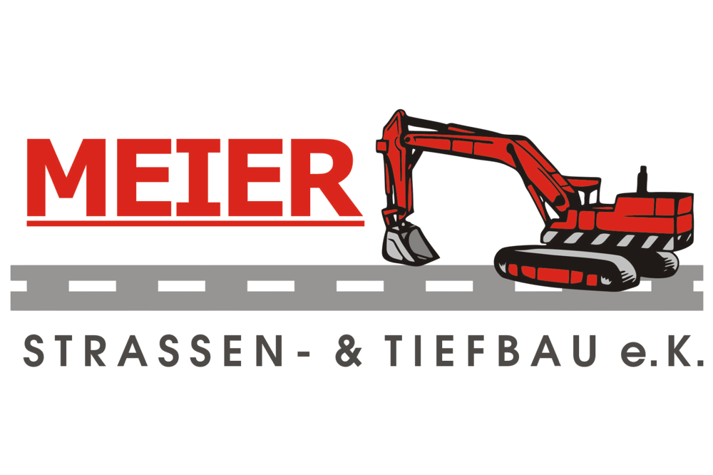 Roter Bagger über grauer Straße mit Text "MEIER STRASSEN- & TIEFBAU e.K." auf dunkelgrünem Hintergrund.