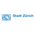 Logo der Stadt Zürich: blaues Wappen mit gestreiften und gezackten Feldern, flankiert von zwei Löwen, daneben "Stadt Zürich".