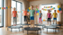 Sechs Kinder springen auf Minitrampolinen in einem mit Luftballons und "Happy Birthday"-Banner geschmückten Raum.