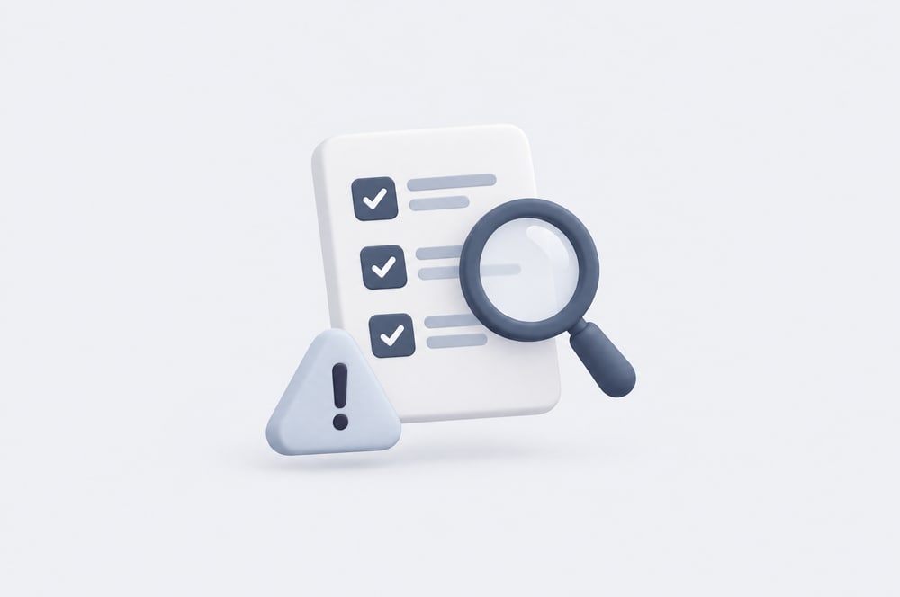 Illustration: Checkliste, Lupe und Warndreieck