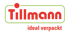 Tillmann Logo mit rotem Text "Tillmann" und Slogan "ideal verpackt" in einem grünen Rahmen auf dunklem Hintergrund.