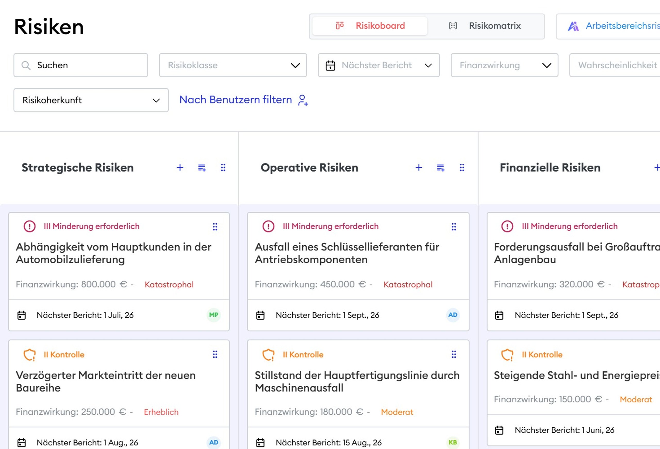Risikomanagement-Software: Risikoboard mit allen Risiken nach Kategorien, Risikoklasse und Finanzwirkung