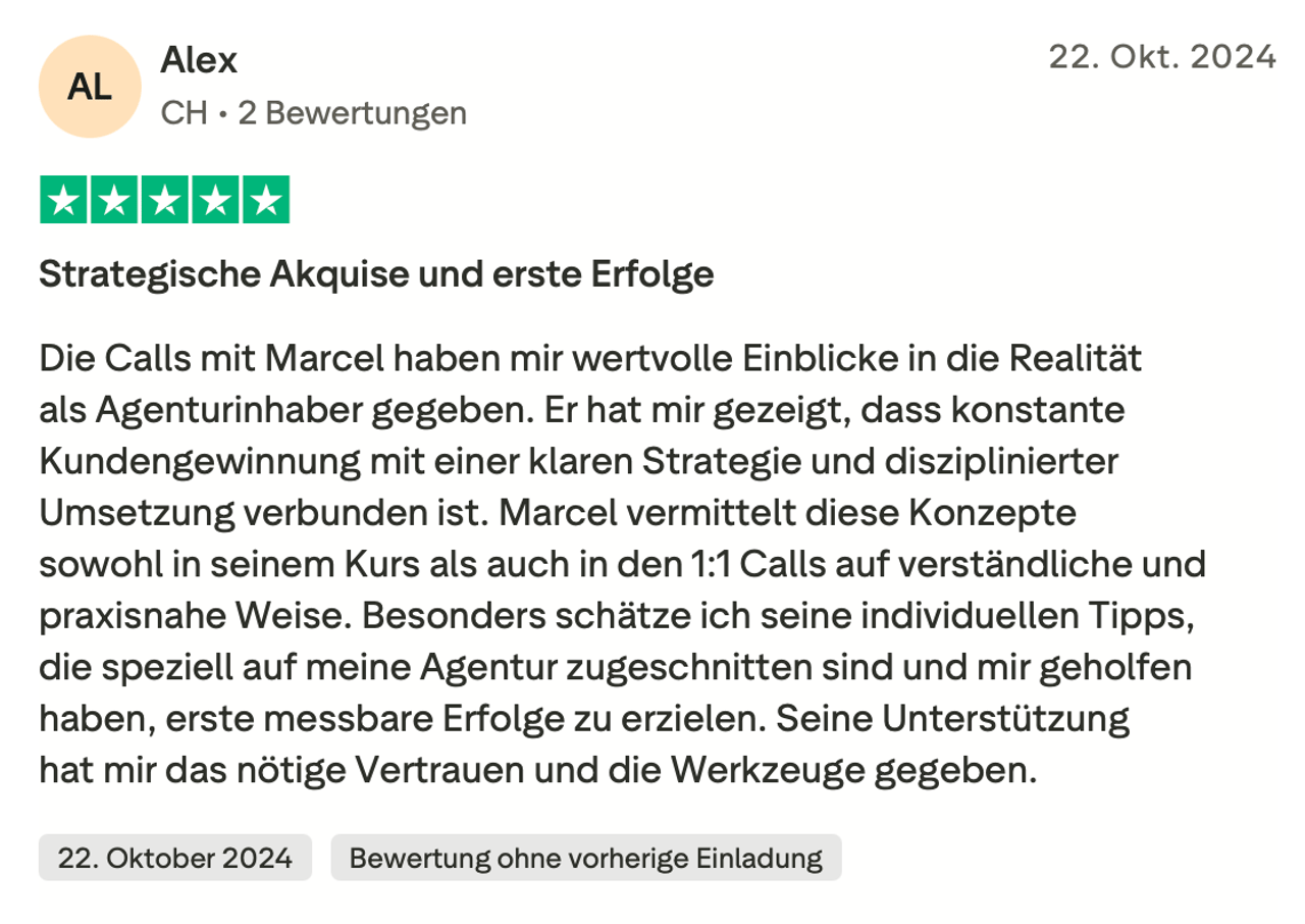 Trustpilot-Rezension von Alex
