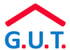Rotes Dachsymbol über dem blauen Text "G.U.T." mit roten Punkten.