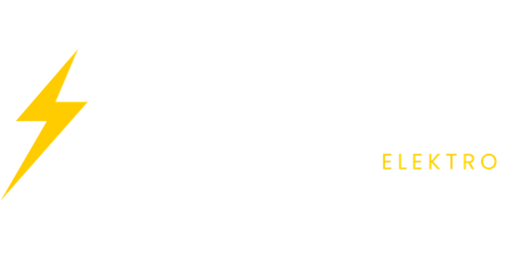 Logo auf transparentem Hintergrund: gelber Blitz, weiße vertikale Linie, weißer Text "WESER", gelber Text "ELEKTRO".