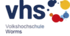 Logo der vhs Volkshochschule Worms mit blauen Buchstaben und bunten Kreisen auf schwarzem Hintergrund.