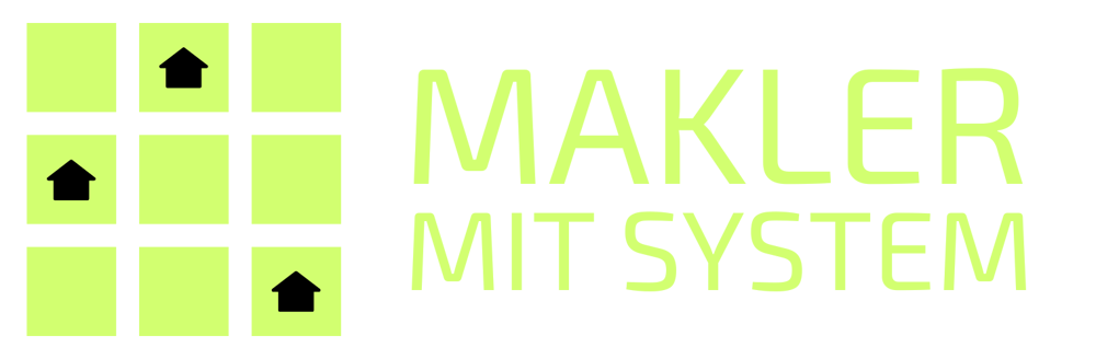 Drei schwarze Häuser auf hellgrünen Quadraten und der Text "MAKLER MIT SYSTEM".