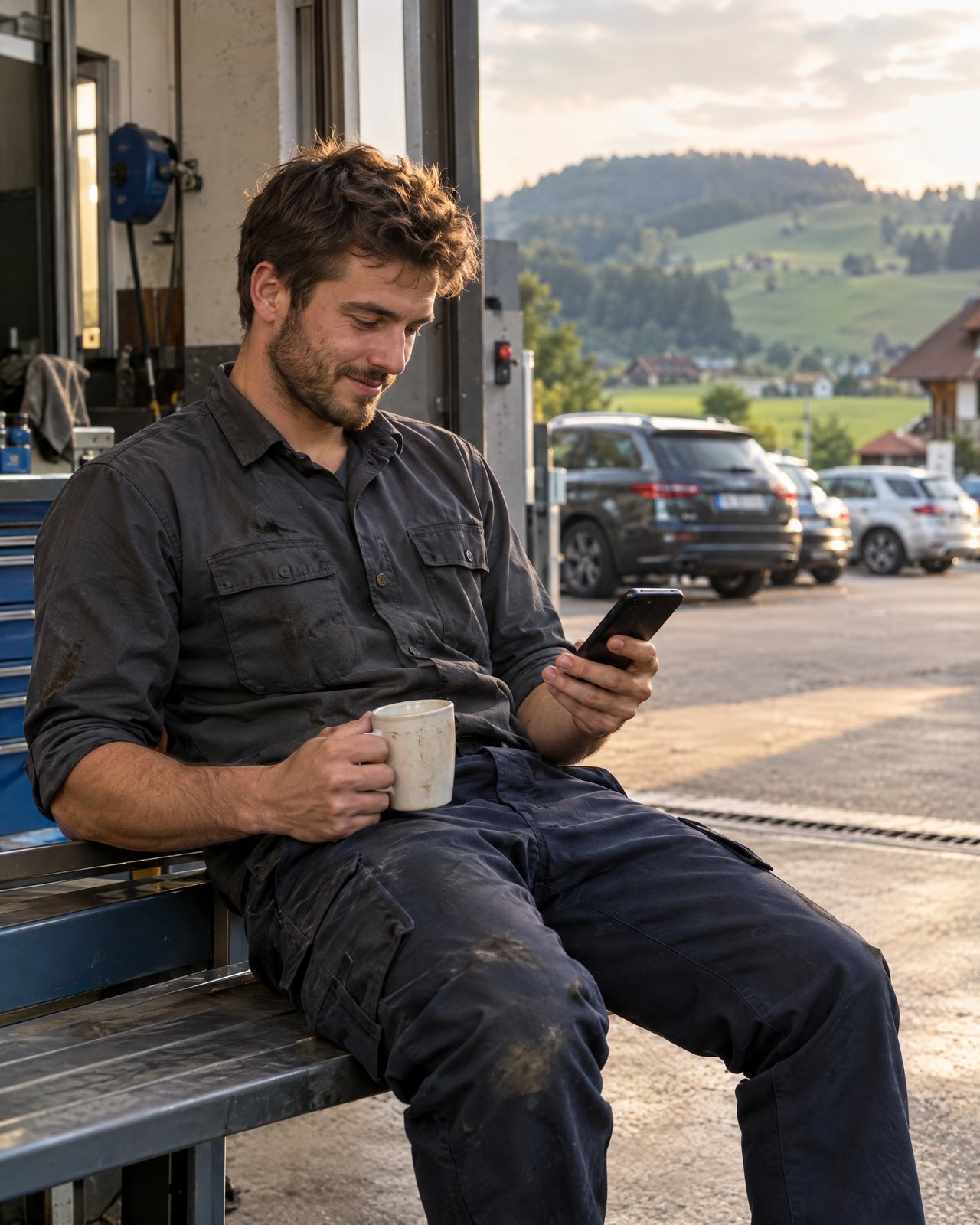 Automobil-Mechatroniker in der Pause vor einer Schweizer Garage mit Smartphone