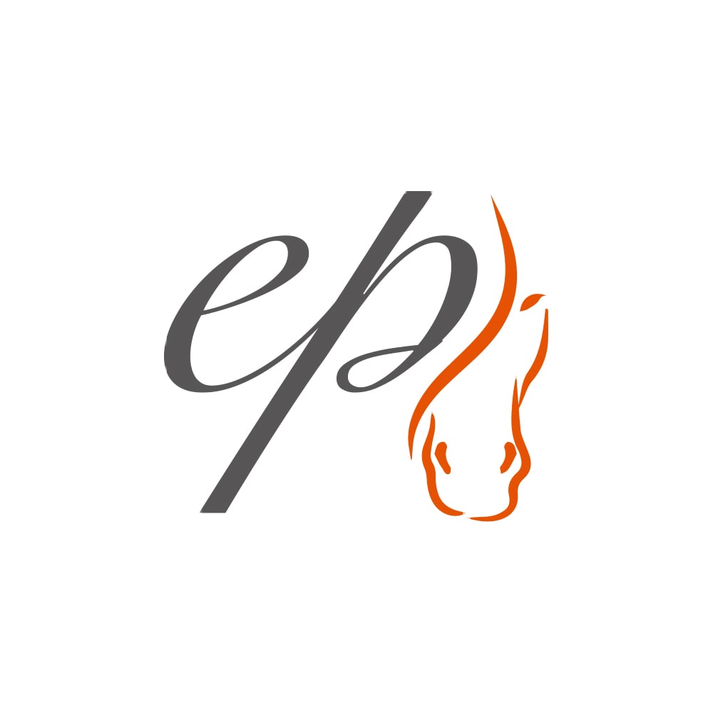 Graue geschwungene Buchstaben ep neben einer orangefarbenen Linienzeichnung eines Pferdekopfes.