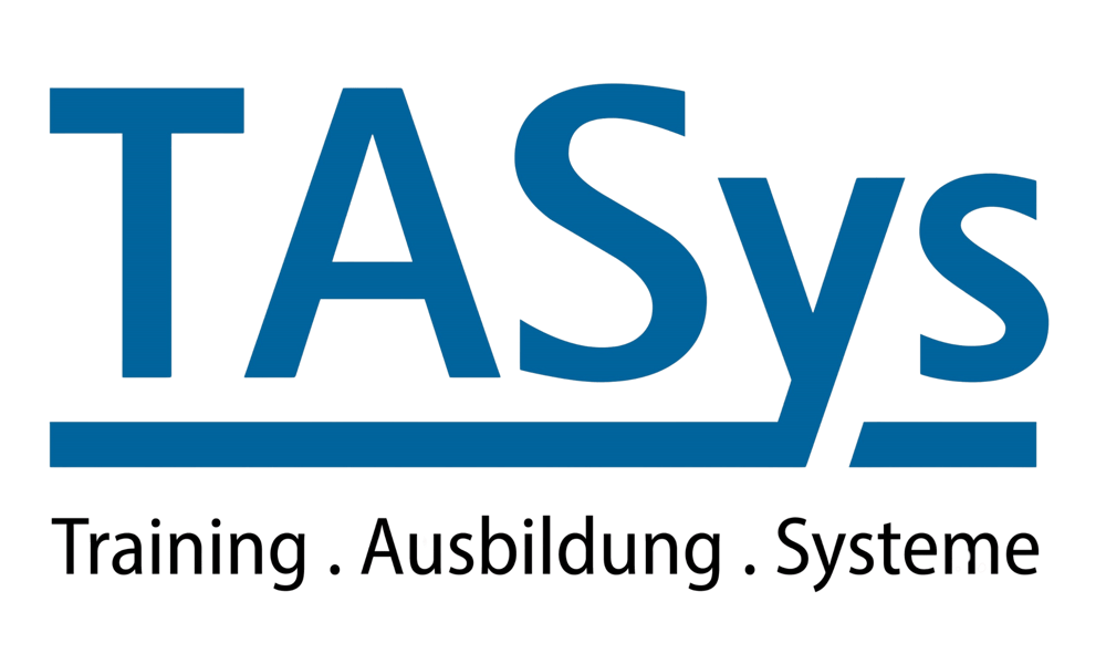 TASys Logo mit "Training. Ausbildung. Systeme" in blauer und schwarzer Schrift auf dunkelgrünem Hintergrund.