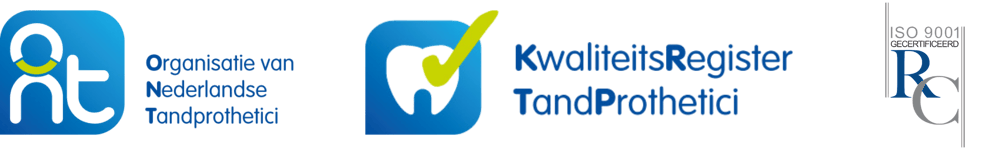 Logos for "Organisatie van Nederlandse Tandprothetici" and "KwaliteitsRegister TandProthetici," plus an ISO 9001 RC logo.