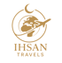 IHSAN TRAVELS Logo mit goldener Weltkugel, Flugzeug, Mondsichel und dem Text "IHSAN TRAVELS".