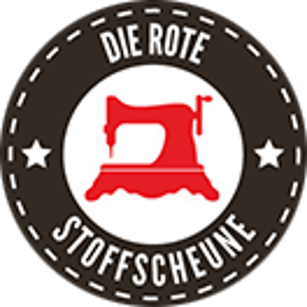 Rundes Logo mit "DIE ROTE STOFFSCHEUNE", roter Nähmaschine und Sternen auf schwarzem Hintergrund.