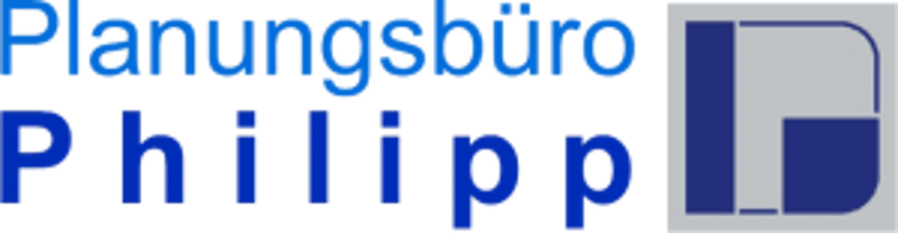 Blaues Logo mit "Planungsbüro Philipp" und einem stilisierten "P" in Grau und Dunkelblau.