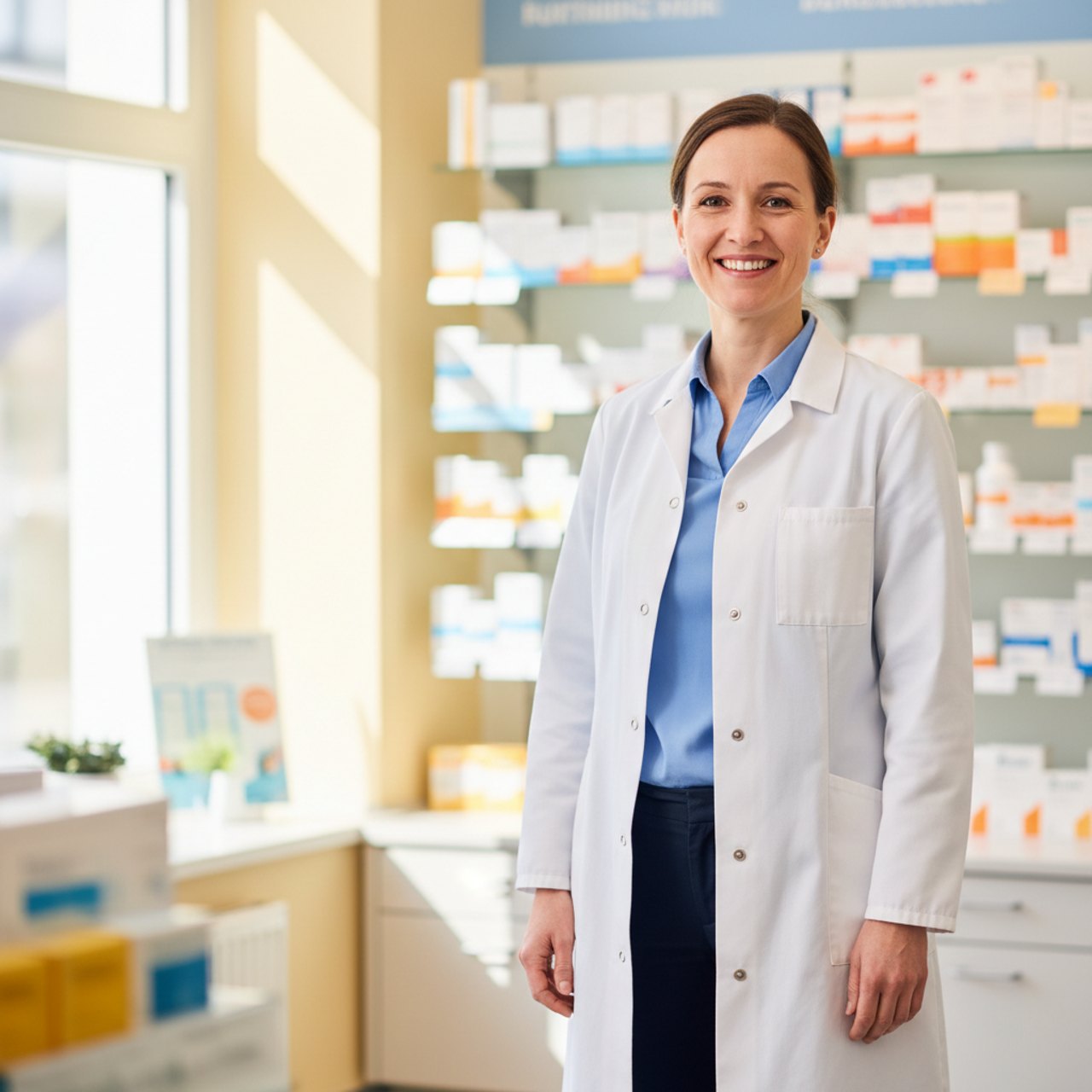 Lächelnde Mitarbeiterin in der Apotheke