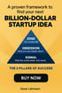 A yellow and dark blue graphic titled "A proven framework to find your next BILLION-DOLLAR STARTUP IDEA" with a pyramid diagram showing "EDGE", "OBSESSION", and "SIGNAL", followed by "THE 3 PILLARS OF SUCCESS", a "BUY NOW" button, and "Xaver Lehmann".