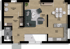 Grundriss eines Hauses mit Wohnzimmer, Esszimmer, Küche, Diele, Garderobe, WC, Technikraum.