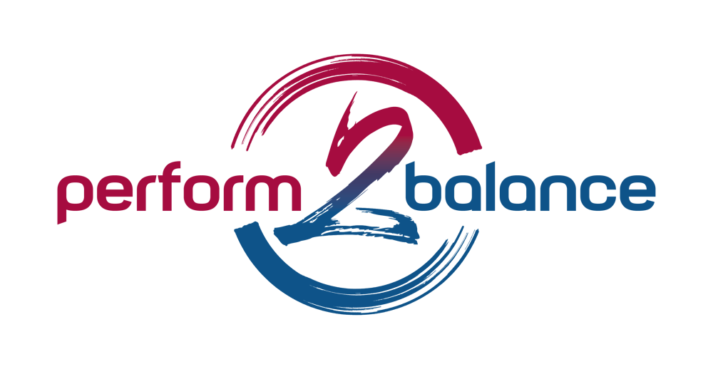 Perform 2 Balance-Logo mit Pinselstrichen in Rot und Blau.
