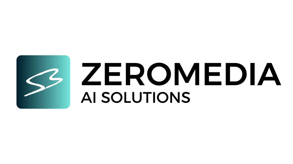 Zeromedia AI Solutions Logo mit blau-weißem Symbol und schwarzem Text auf dunkelgrünem Hintergrund.
