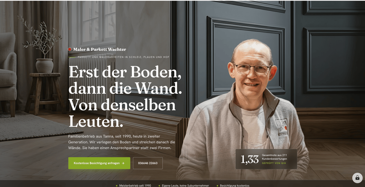 Startseite der Website von Maler & Parkett Wachter aus Tanna