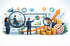 Drei Geschäftsleute analysieren Finanzdaten und Diagramme, mit Münzstapeln, Zielscheibe und aufsteigendem Pfeil.