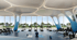 Modern gym interior with unique organic ceiling design, blue pillars, treadmills, weights, and large windows.