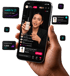 Smartphone mit Live-Shopping-App zeigt eine Frau, die Serum präsentiert, umgeben von Verkaufsstatistiken und Kauf-Popups.
