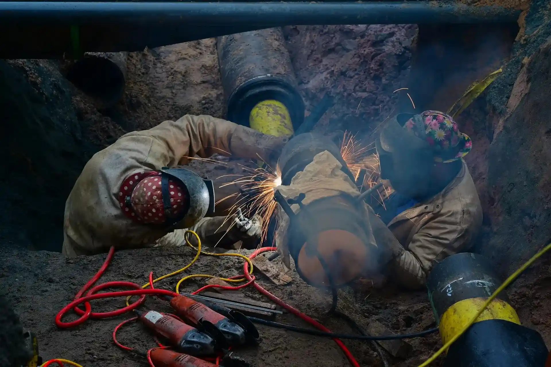 Zwei Schweißer arbeiten in einem Graben an einer Gas-Pipeline.