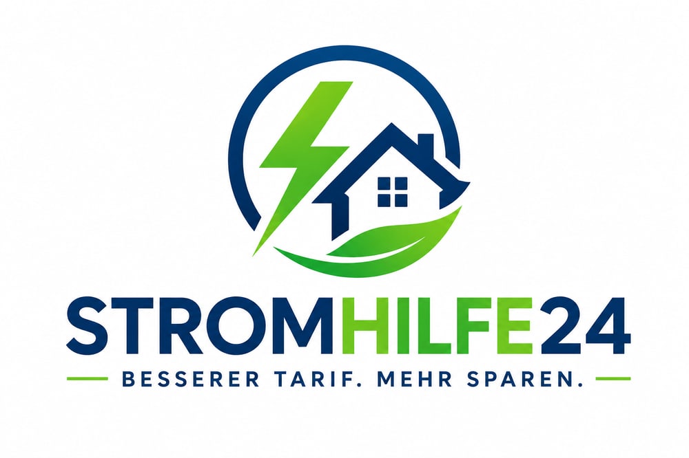 Logo Stromhilfe24: Blaues Haus, grüner Blitz und Blatt in Kreis. Text: "STROMHILFE24 BESSERER TARIF. MEHR SPAREN."