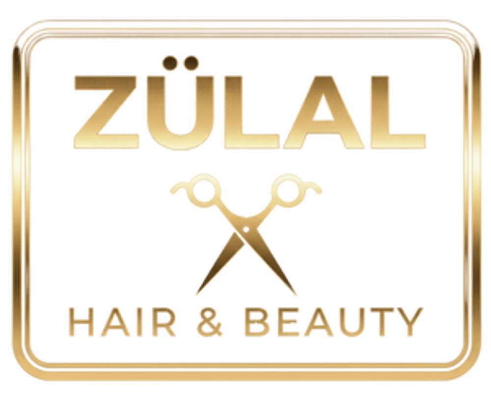 Goldenes Logo mit Schere und Text "ZÜLAL HAIR & BEAUTY" auf dunkelgrünem Hintergrund.