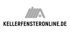 Graues Hausdach-Symbol über dem schwarzen Text "KELLERFENSTERONLINE.DE" auf dunkelgrünem Hintergrund.