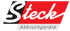 Steck Abbruchgeräte Logo mit weißer "Steck" Schrift auf schwarzem und rotem Hintergrund.