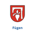 Wappen von Fügen mit weißer Rübe und Beil auf rotem Schild. Text: "Fügen".
