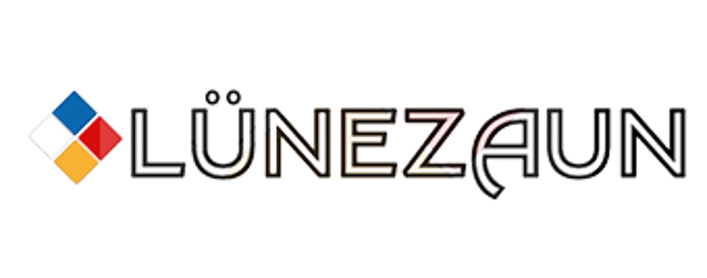 Lünezaun Logo mit einem vierfarbigen Karosymbol in Blau, Rot, Gelb und Weiß auf schwarzem Hintergrund.
