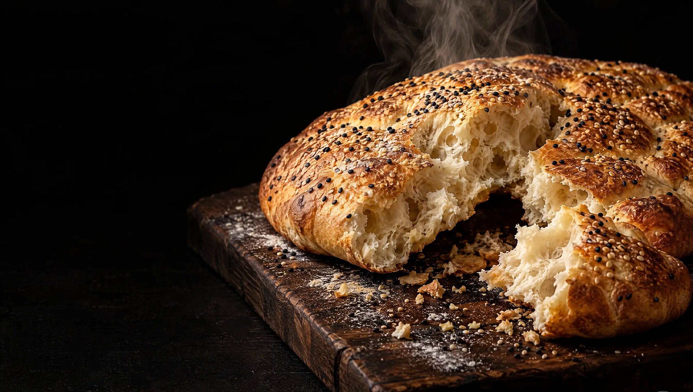 Freshly baked sesame flatbread torn open, steam rising