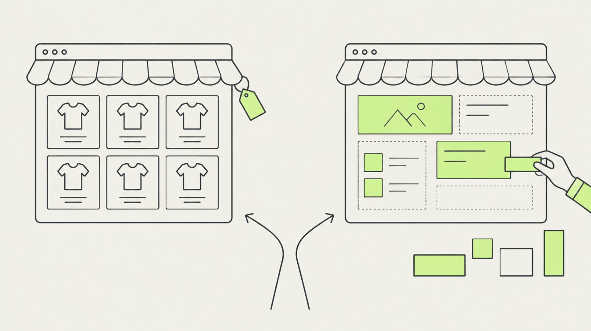 Illustration: Links ein Shop-Fenster mit festem Raster aus gleichen Produktkacheln und Preisschild, rechts ein Shop-Fenster, das aus Bausteinen in Lime zusammengesetzt wird, dazwischen ein Weg, der sich gabelt