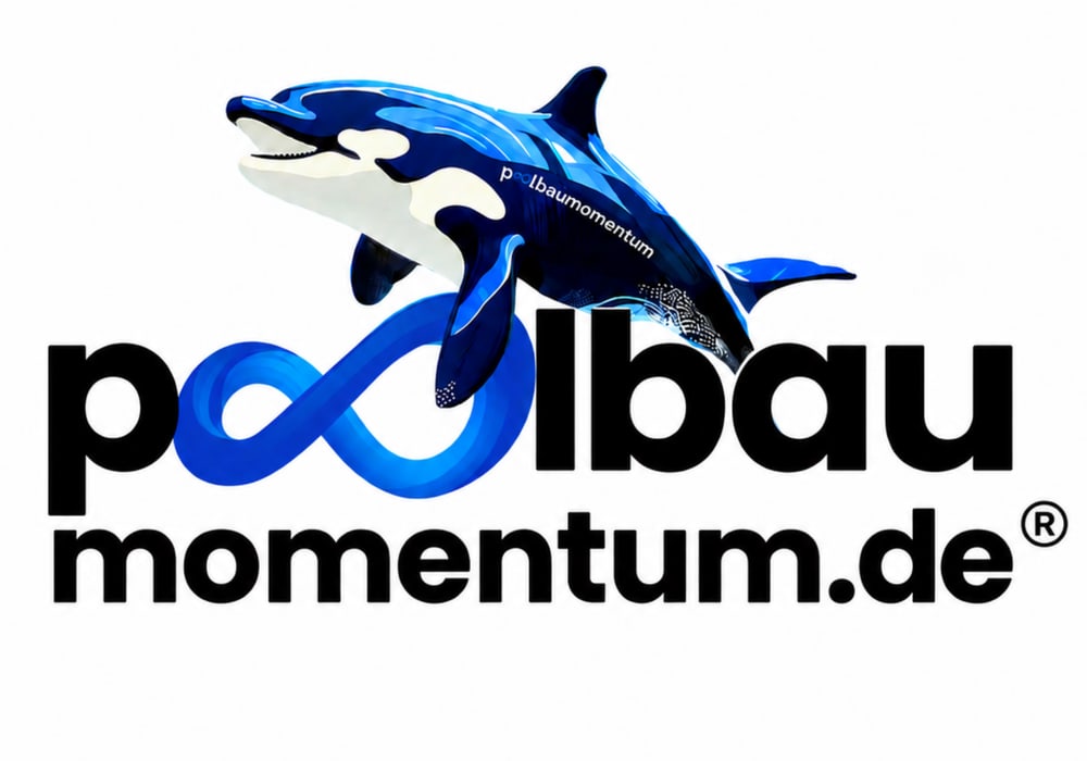 Logo von poolbau-momentum.de mit einem springenden Orca und einem blauen Unendlichkeitssymbol über schwarzem Text.