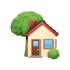 Haus mit rotem Dach, brauner Tür, zwei Fenstern, einem Baum und einem Busch.