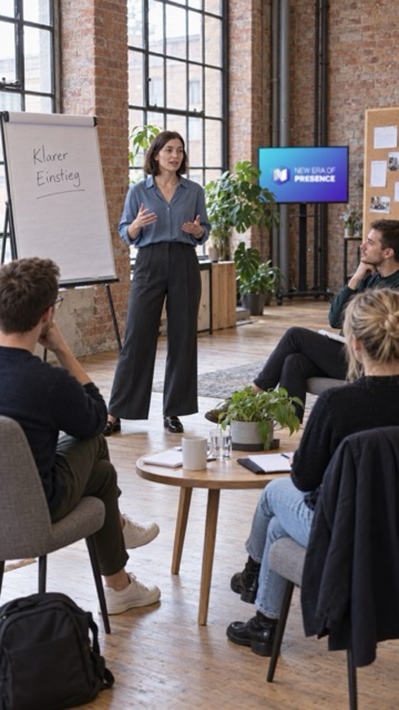 Trainerin spricht vor einer Gruppe im Loft-Seminarraum mit Flipchart „Klarer Einstieg“