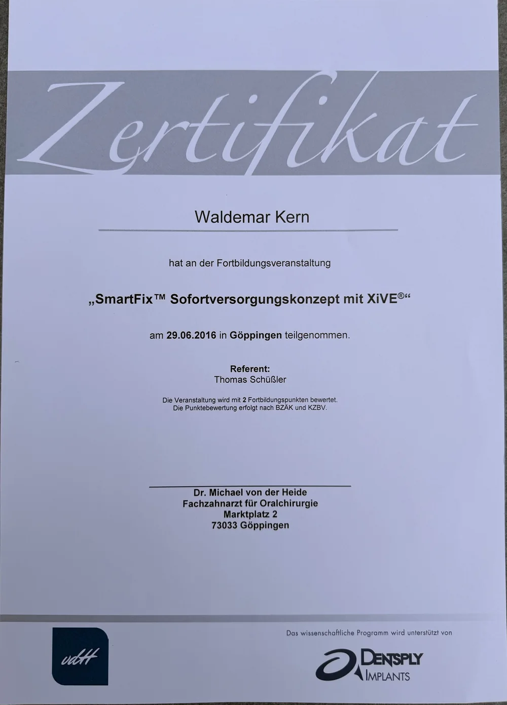 Fortbildungszertifikat 2 von ADU-Dental
