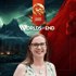 A smiling woman with glasses and a floral top in front of a fantasy landscape with mountains, a red banner, and text.