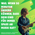 A young boy with long hair plays an electric guitar, with German text about music lessons.
