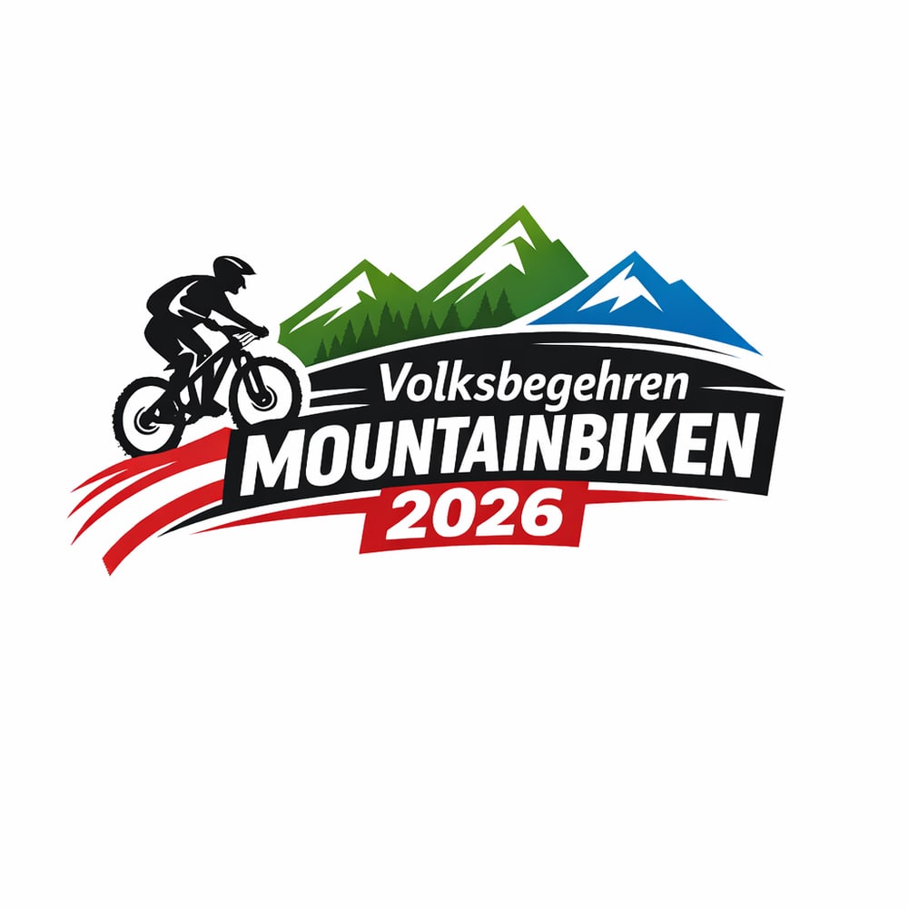 Mountainbiker fährt vor Bergen und Wald; Text: Volksbegehren Mountainbiken 2026.