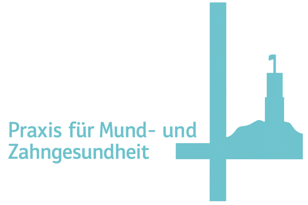 Türkises Logo mit Leuchtturm und Schriftzug "Praxis für Mund- und Zahngesundheit" auf dunkelgrünem Hintergrund.